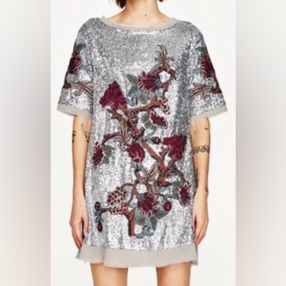 Zara silver sequin embroidered shift dress XS